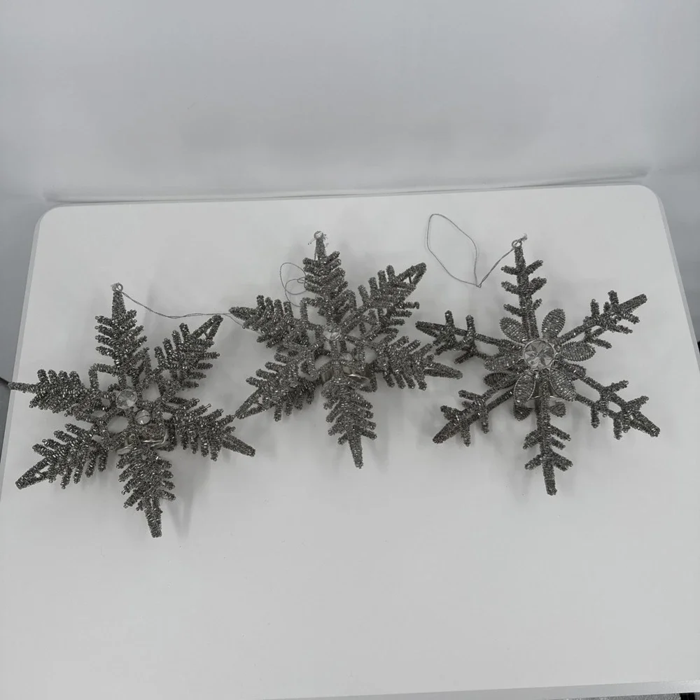 Pottery‎ Barn 3 Beaded Metallic Snowflake Ornament 10